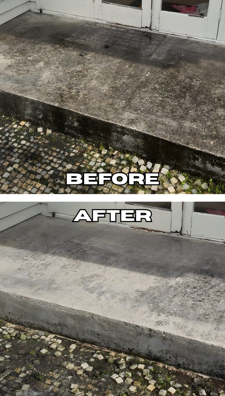 Concrete patio before and after pressure washing