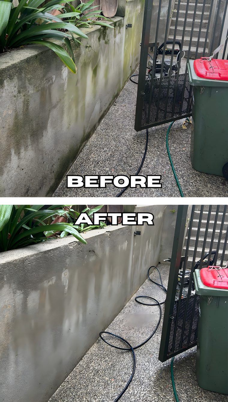 Retaining wall before and after moss and grime removal