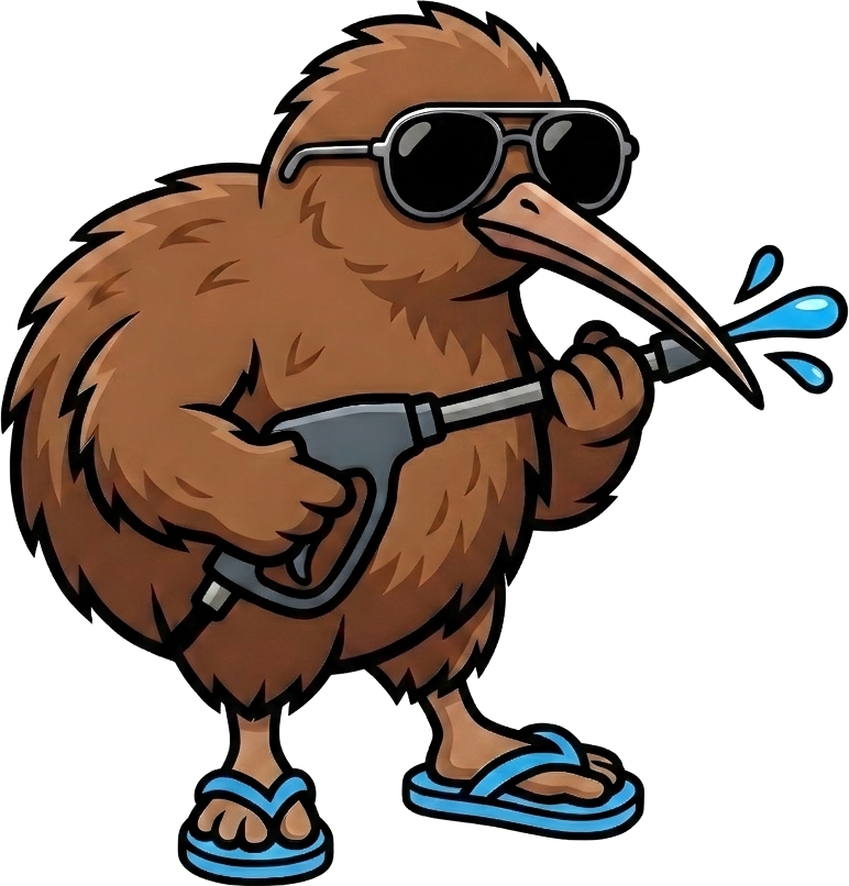 Kiwi Wash mascot with a pressure washer
